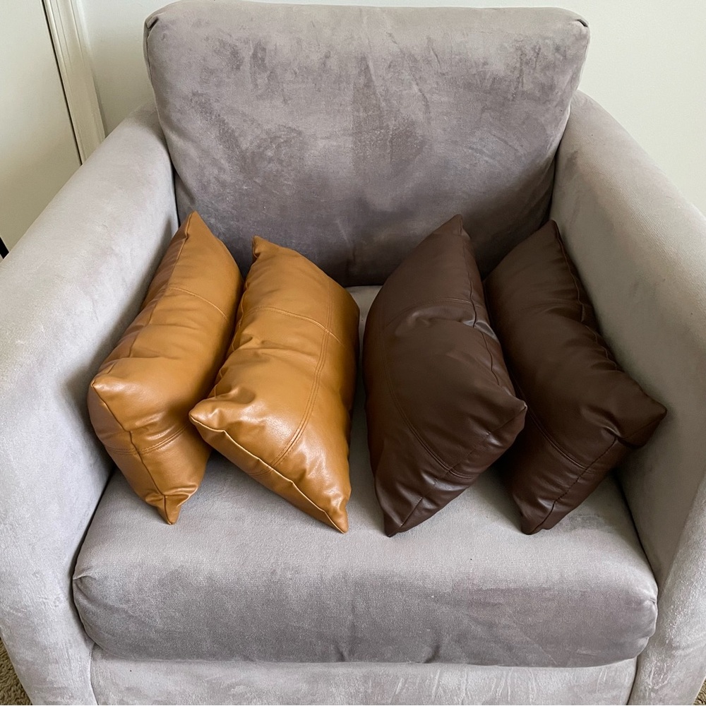 Set of Four Faux Leather Throw Pillows in Brown and Tan - Picture 3 of 9